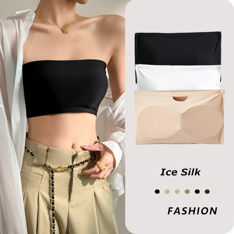 Seamless One-Piece Tube Tops Women Removable Pads Non-Slip Underwear Ice Silk Bra Strapless Crop Top Female Lingerie Invisible