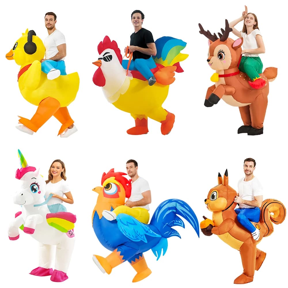 Adult Rooster Inflatable Costume Funny Unicorn Elk Animals Inflatable Suit Halloween Carnival Half Body Blow Up Suit for Cosplay