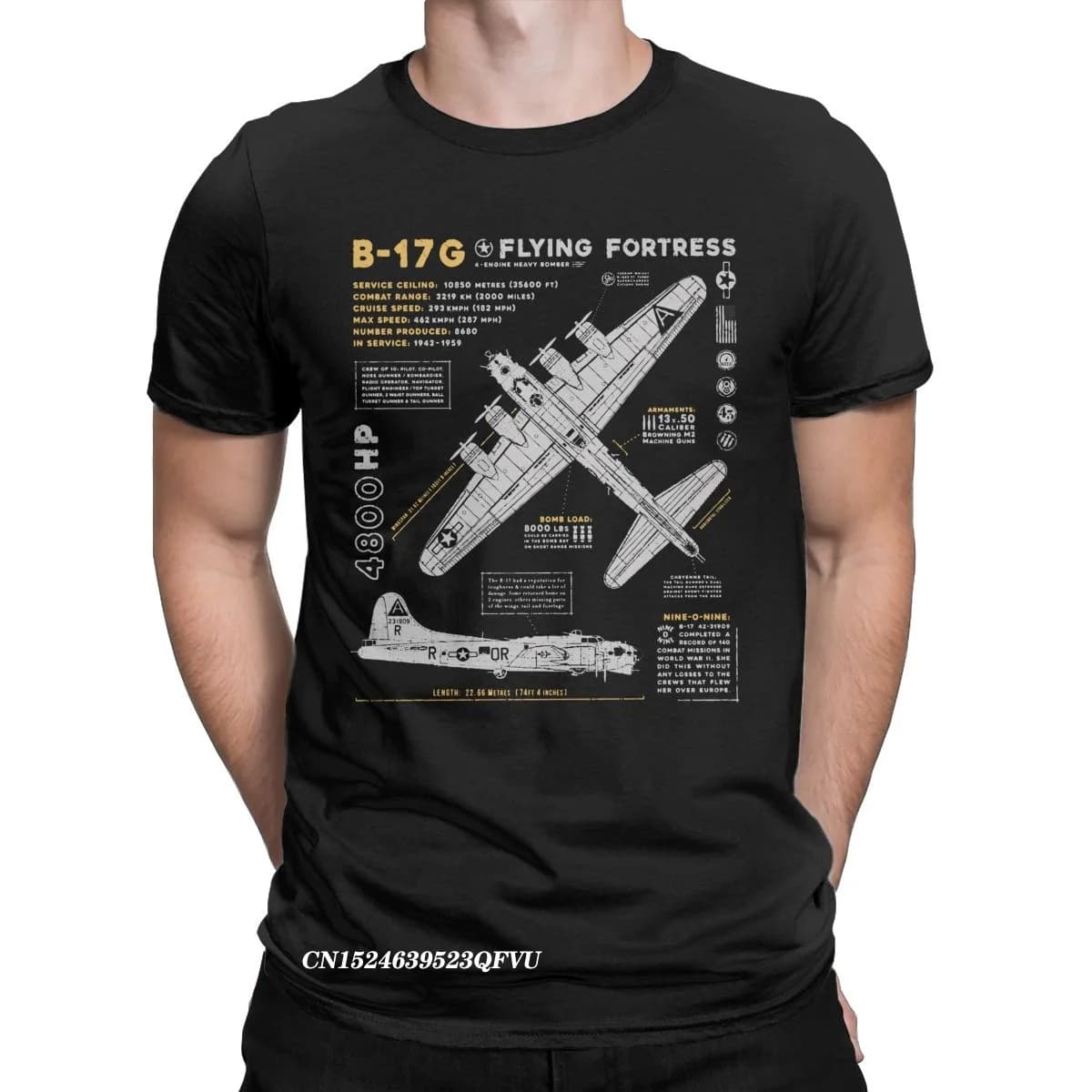 Men's Tee Shirt B-17 Flying Fortress Premium Cotton Tees Fighter Plane WW2 War Pilot Aircraft Airplane Tshirt Clothes Plus Size