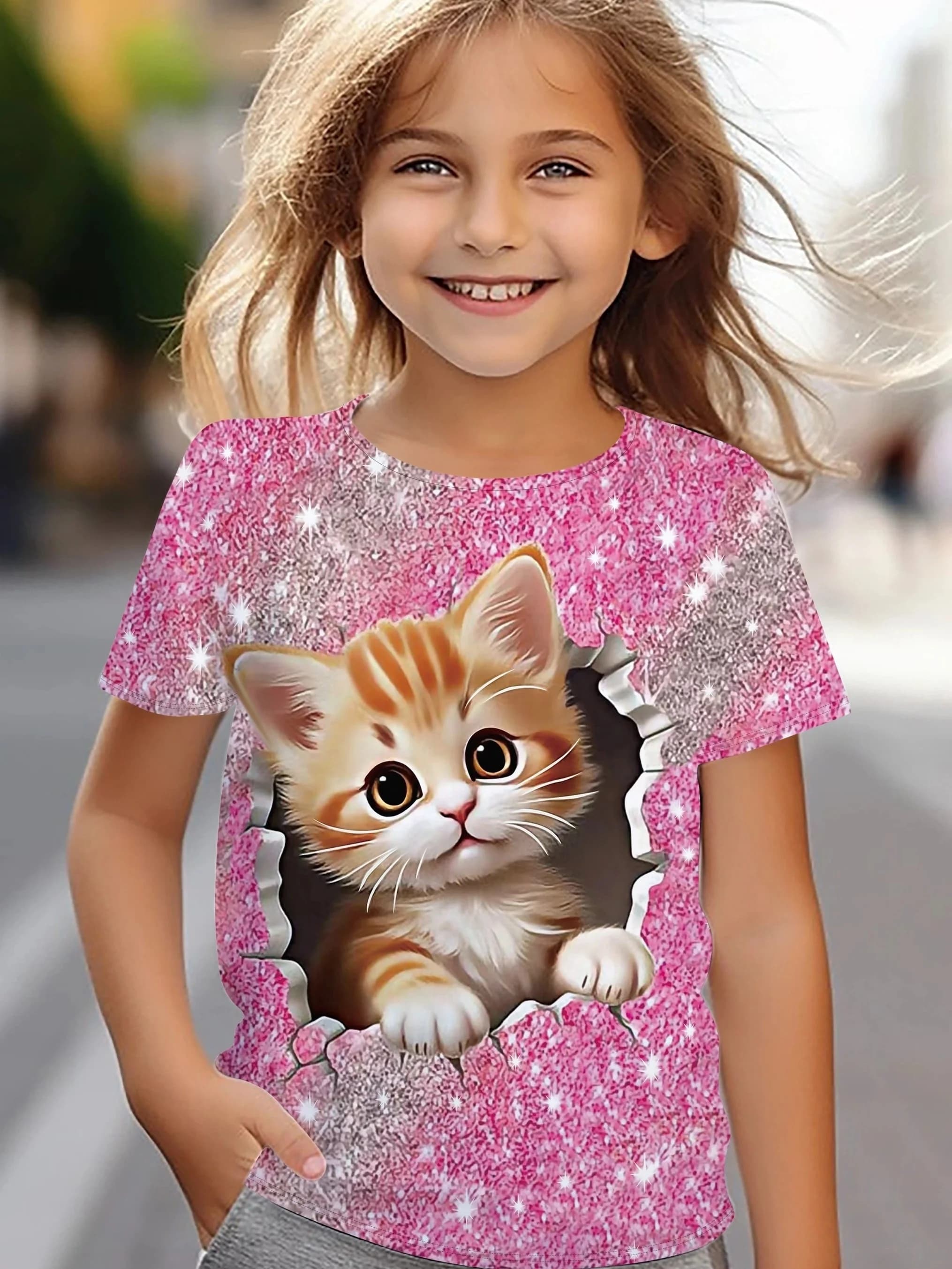 T-Shirt for Girls Cute Kitten Girls Clothes Kids T-Shirt Summer Short Sleeve Children Outdoor Sports Tops T-Shirt for Girls