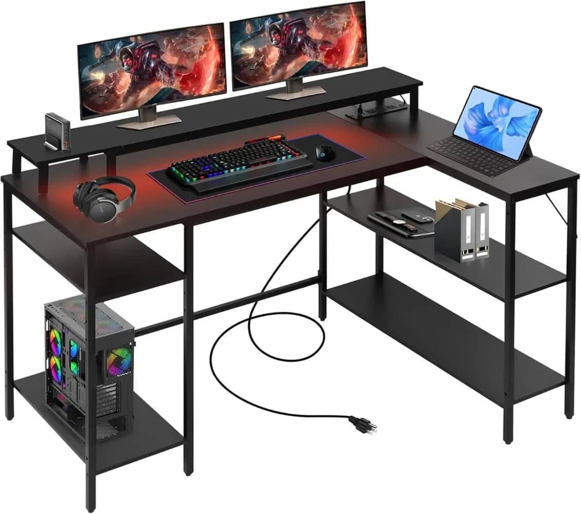 L Shaped Gaming Desk with LED Lights & Power Outlets, Reversible Computer Desk with Stand & Shelves