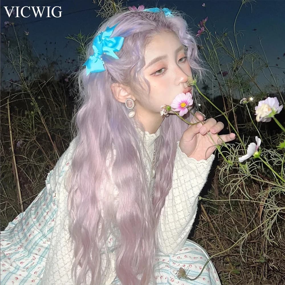 VICWIG Curly Wavy Long Synthetic Wig Women Purple Lolita Cosplay Middle Part Hair Heat Resistant Wig for Daily Party