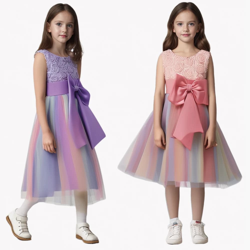 Girls' Sleeveless Princess Dress 4-12 Years Old Embroidery Color Matching Bow Mesh Long Dress Prom Evening Dress Halloween