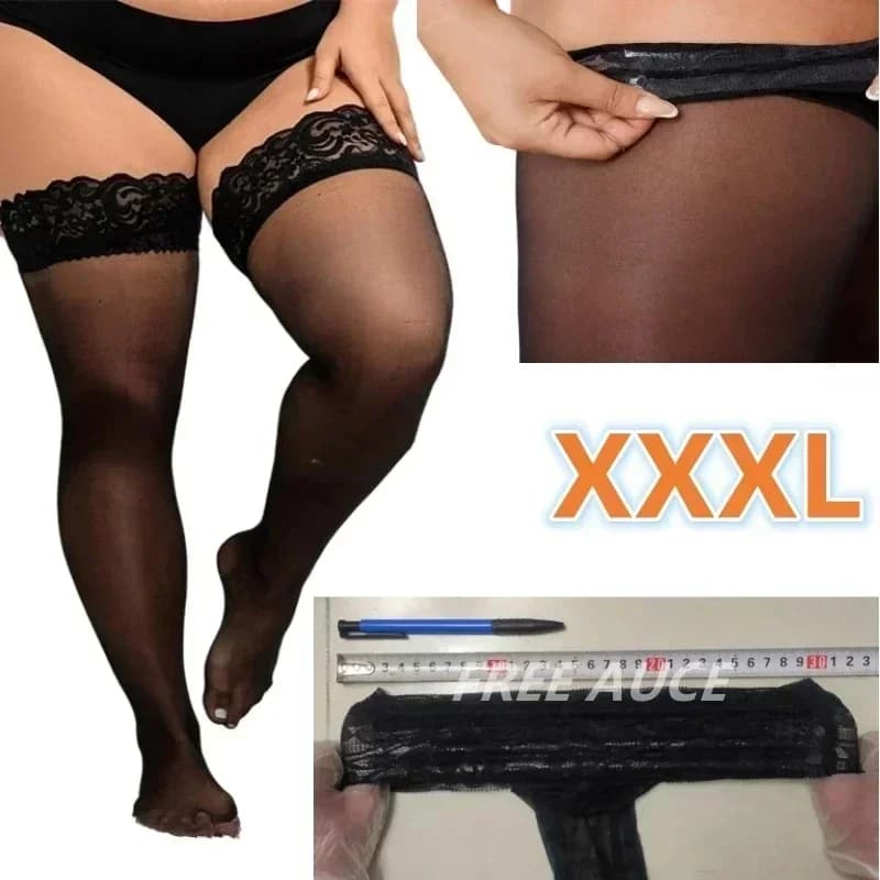 FREEAUCE Women Large Plus Size Stockings with Anti-slip Oversized Lace XXXL Thigh High Sheer Fishnets Black Long Over Knee Socks