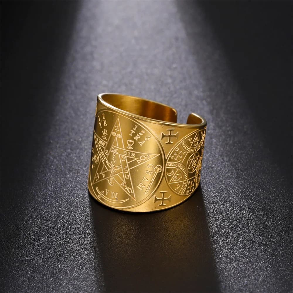 My Shape Tetragrammaton Pentacle Rings Stainless Steel Pentagram Protection Amulet Wiccan Magical Finger Ring for Men Jewelry