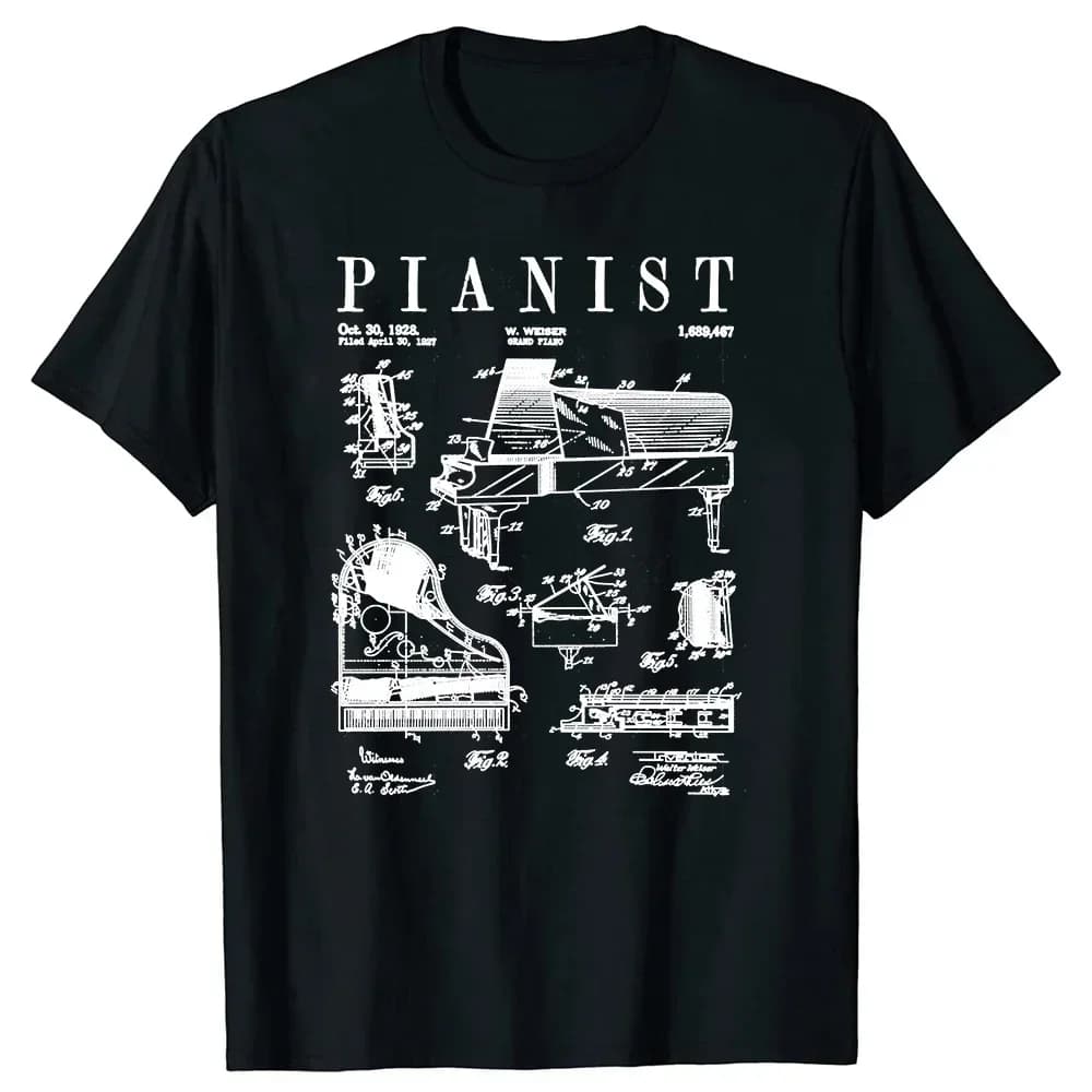 Summer Cotton Streetwear Short Sleeve Musical Instrument Gifts T-shirt Grand Piano Old Vintage Patent Pianist Drawing T Shirts