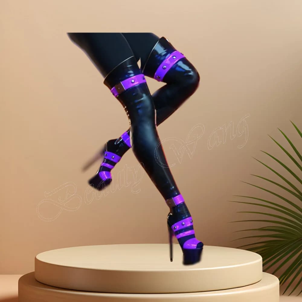 Purple Rivet Decor Platform Boots Patent Leather Heels Round Toe Spike High Heel Shoes for Women High Heel 2024 Zapatillas Mujer