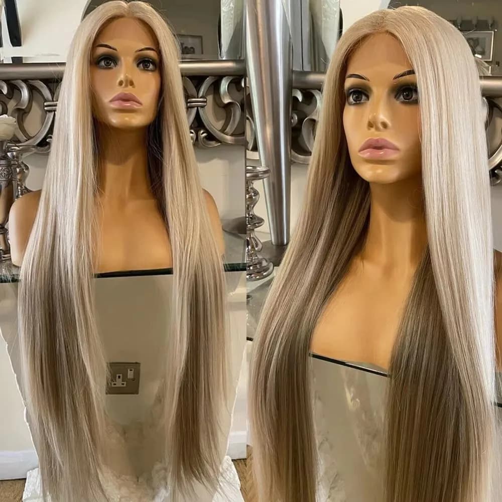 QW Synthetic Hair Ash Blonde Straight Soft 13X4 Lace Front Wig For Women Glueless  Prepluck Heat Resistant Fiber Cosplay  Daily
