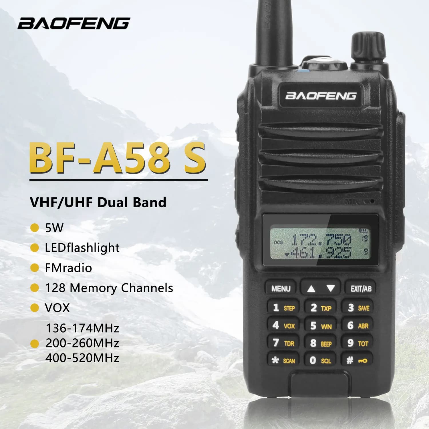 BAOFENG BF-A58S Walkie Talkie Tri-band 136-174MHz200-260MHz 400-520MHz 128Ch FM VOX Roger Beep Portable Two Way Radio