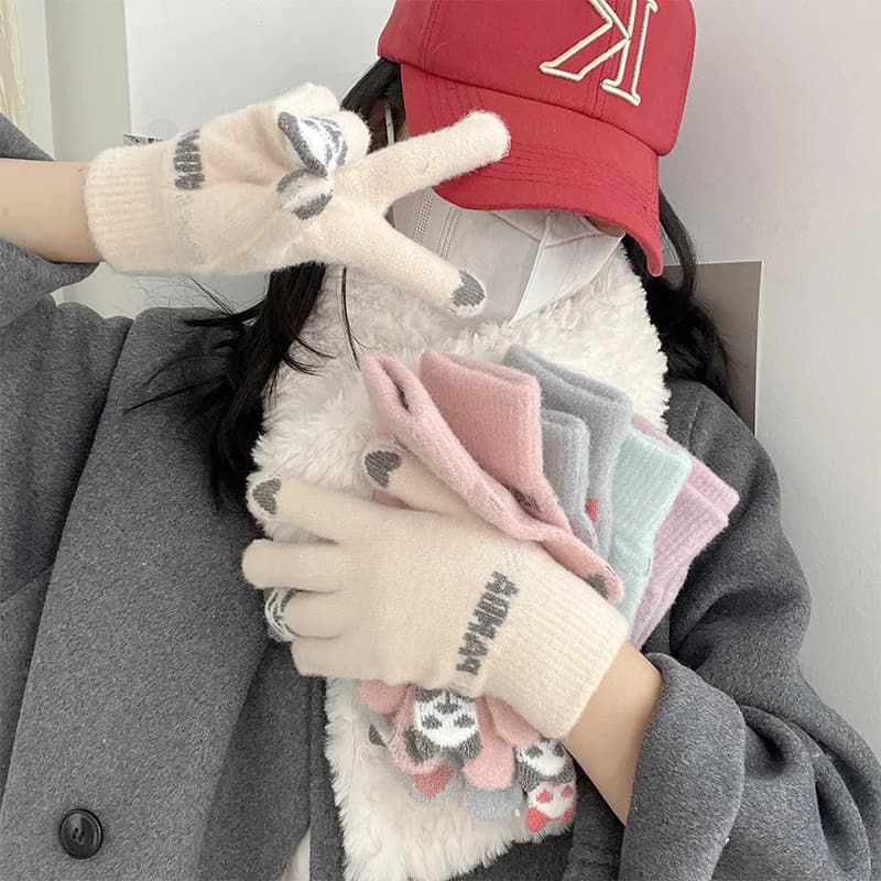 Autumn Winter Women Cute Cycling Warm Thickened Cold-proof Student Knitted Wool Touch-screen Cotton Gloves with Five Fingers