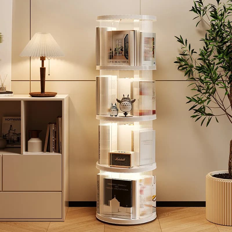 360° Rotating Bookshelf Living Room Home Transparent Storage Shelf Large Capacity MultiLayer Wheeled Floor Standing Bookcase