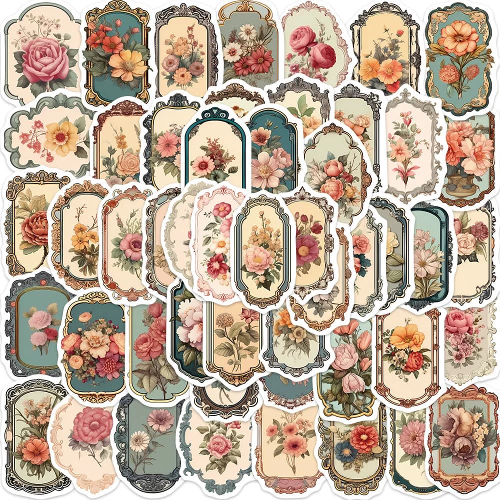 50PCS Vintage Flower Mirror Graffiti Stickes,Decoration Guitar Laptop Luggage DIY Waterproof Sticker