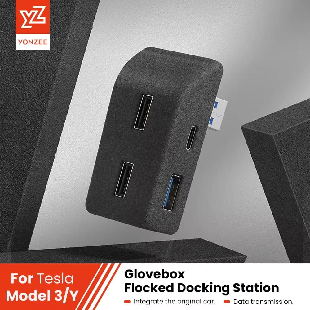YZ Glove Box Docking Station For Tesla Model 3 Y Highland Juniper Quick Charger 4 USB Shunt Hub Flocking Adapter Powered Splitte