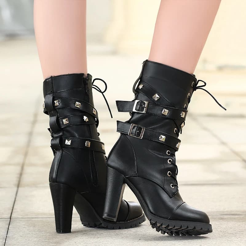 Plus Size Cross Tie Rivet Side Zipper Women's Mid-Calf Boots With Double Row Belt Buckle Ultra-High Thick Heel Breathable Boots