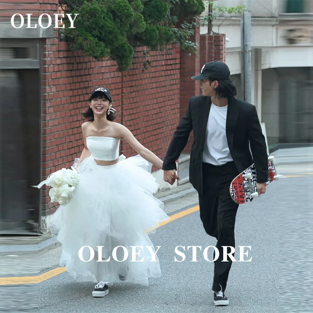 OLOEY 2PCS White Ruffles Tulle Wedding Dresses Two Pieces Korea Photo shoot Tulle Princess Bridal Gowns Customized Mariage