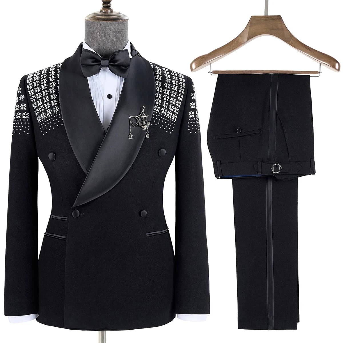 Crystal Men Tuxedo Suits 2 Pieces Beads Shawl Lapel Blazer Customized Wedding Groom Suits Party Show Prom Male Costume