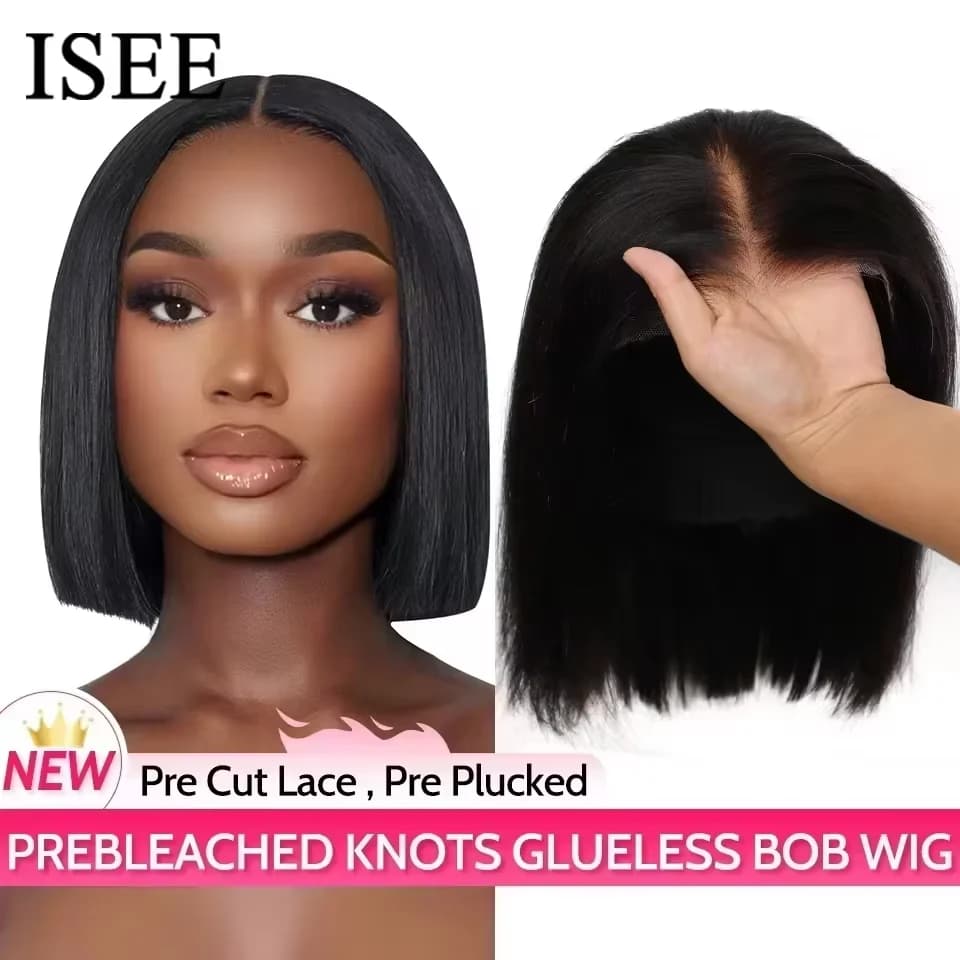 ISEE Hair 4x4 Wear Go Glueless Wigs Preplucked Straight Short Bob Prebleached Ready To Wear Wigs For Women PreCut Lace Wear Go