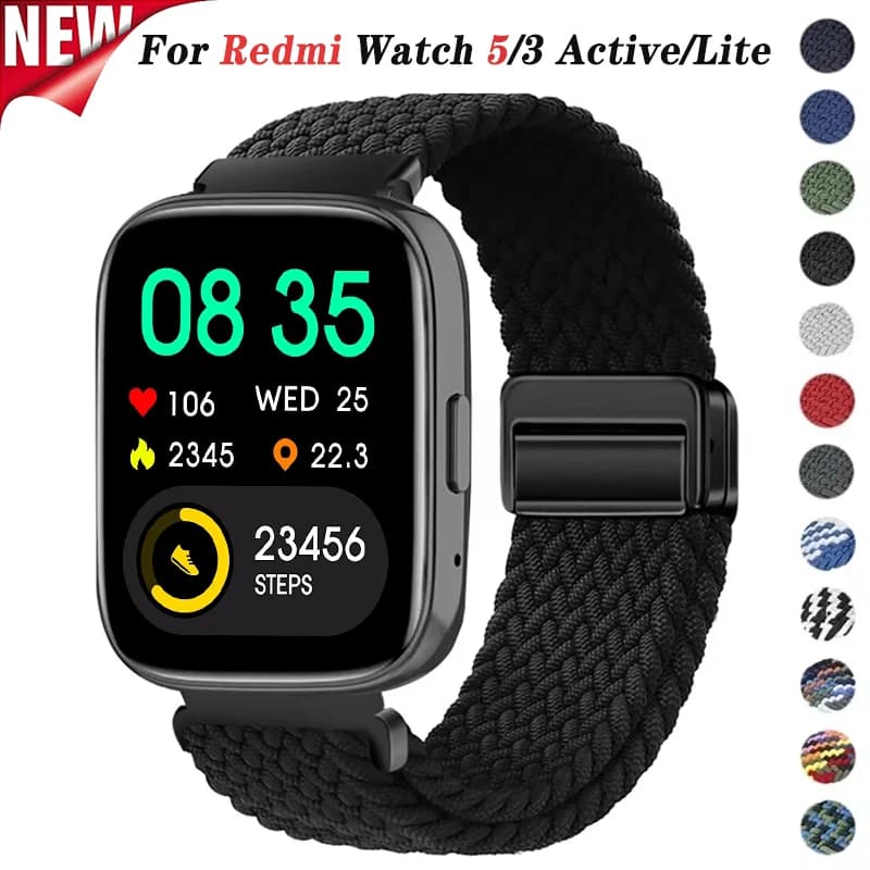Braided Nylon Solo Loop Band for Redmi Watch 5/3 Active Maganetic Nylon Strap for Xiaomi Redmi Watch 5/3 Lite Weave Wristband