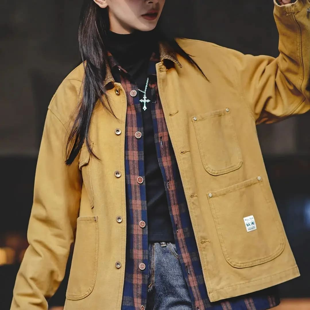 Maden Women's Vintage Michigan Canvas Jacket Classic Corduroy Lapel Collar with 4 Pockets Female Spring Jacket Cotton Coat