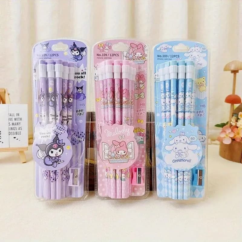 12pcs  Cinnamoroll Kuromi Cute Cartoon HB Pencils, 12 Pencils & 1 Pencil Roller Stationery Box Set, Writing & Drawing