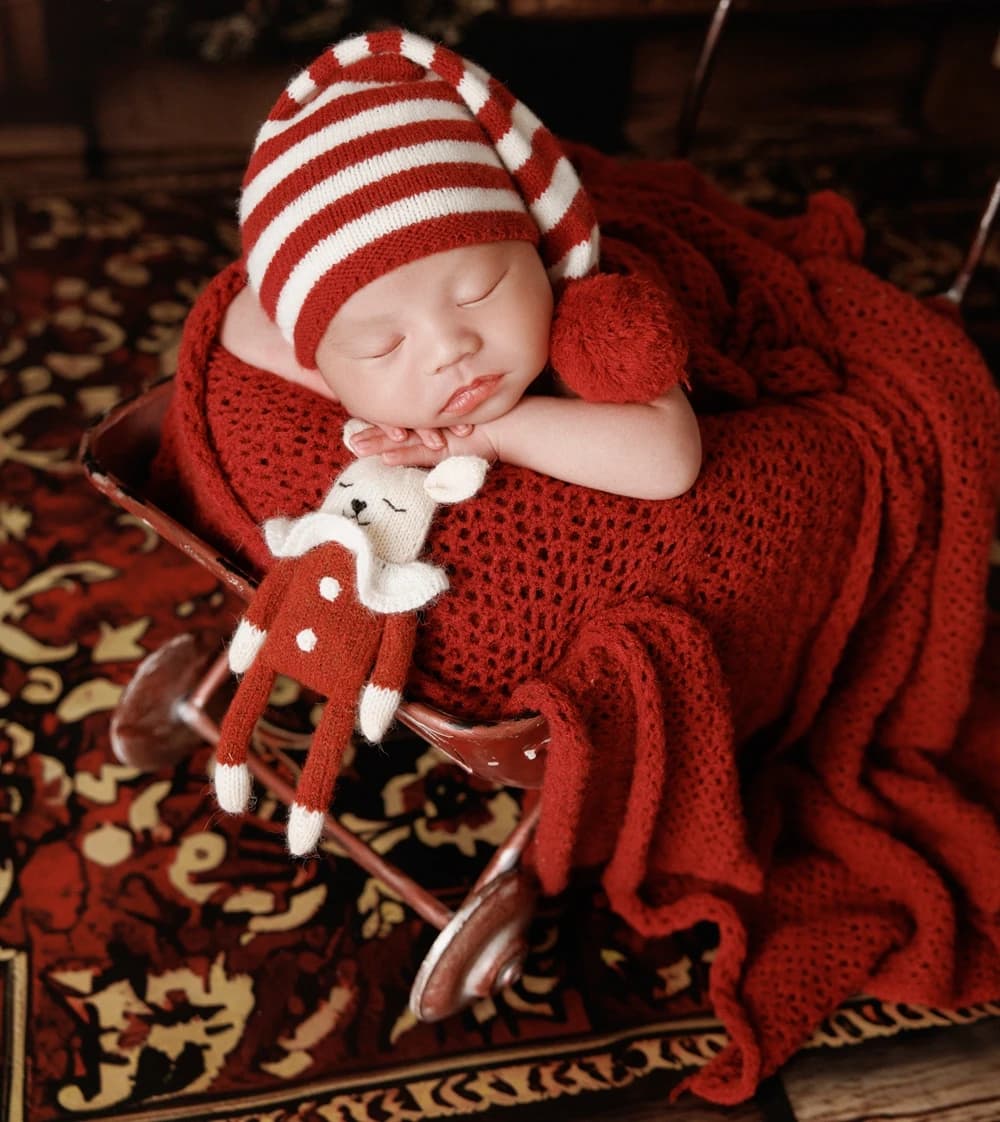 Christmas Newborn Blanket for Photography Props X'mas Stretch Baby Blanket Striped Hat Red Doll Cotton Wrap Newborn Accessories