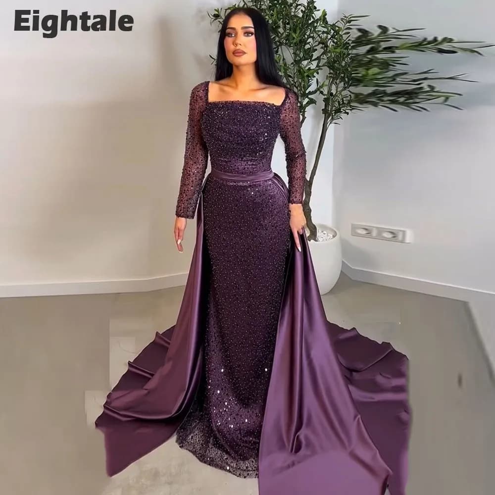 Eightale Luxury Evening Dresses Robes De Soirée Strapless Sequined Customized Long Sleeves Purple Prom Gown Wedding Party