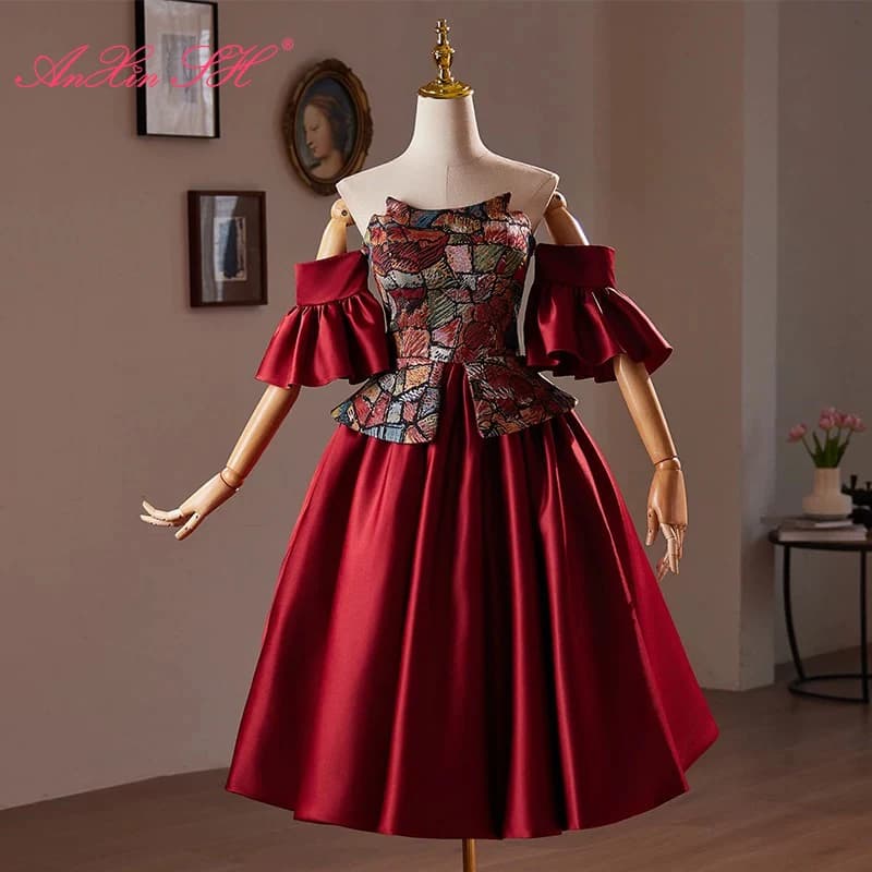 AnXin SH vintage princess wine red satin flower bow boat neck ruffles sleeve lace up customized evening dress little red dress