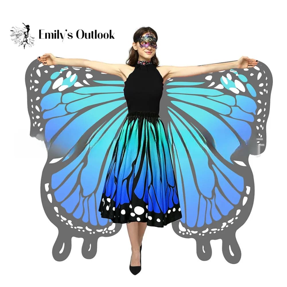 Halloween Butterfly Costume Wings Set with Skirt for Women One Side Print with Mask and Antenna Headband Fairy Party Accessory