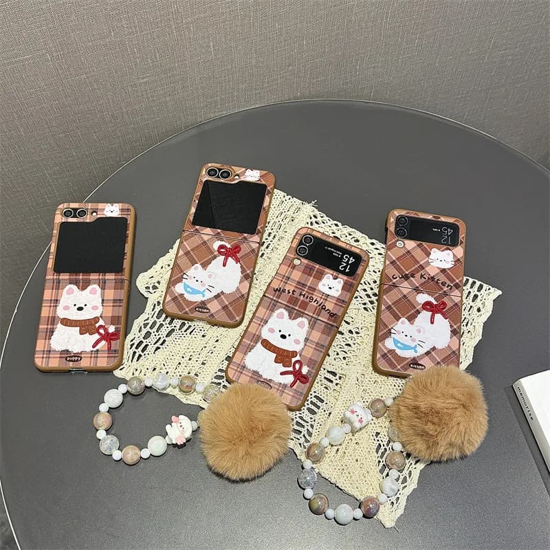 White Dog Brown Plaid Phone Case for Samsung Galaxy Z Flip 6 5 4 3 Protective Back Cover for ZFlip4 ZFlip5 ZFlip6 Case