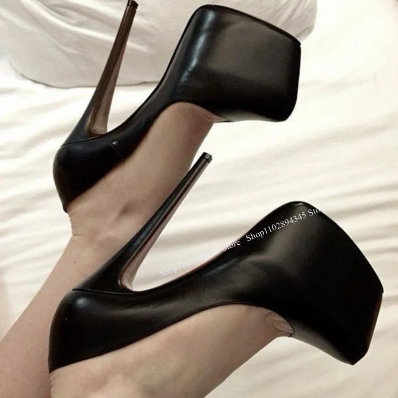 Black Matte Leather Platform Pumps Pointed Toe Thin High Heel Fashionable Sexy 2024 Summer Big Size Woman Shoes Zapatillas Mujer