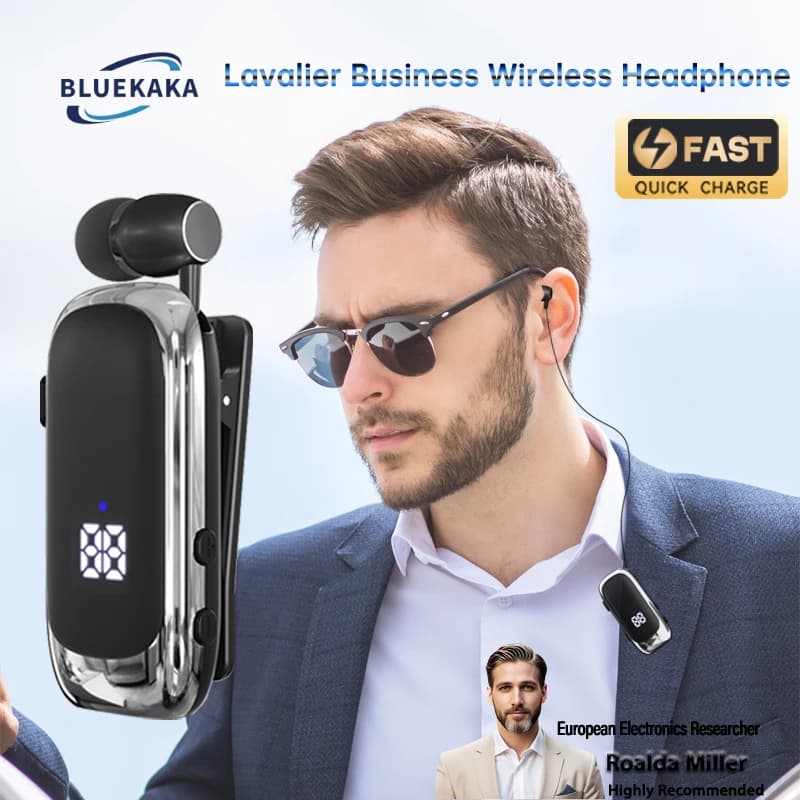 New Lavalier Business Bluetooth Headphone Talk/Music Time 20 Hours,LED Digital Display,Noice Cancelling Wireless Earphone