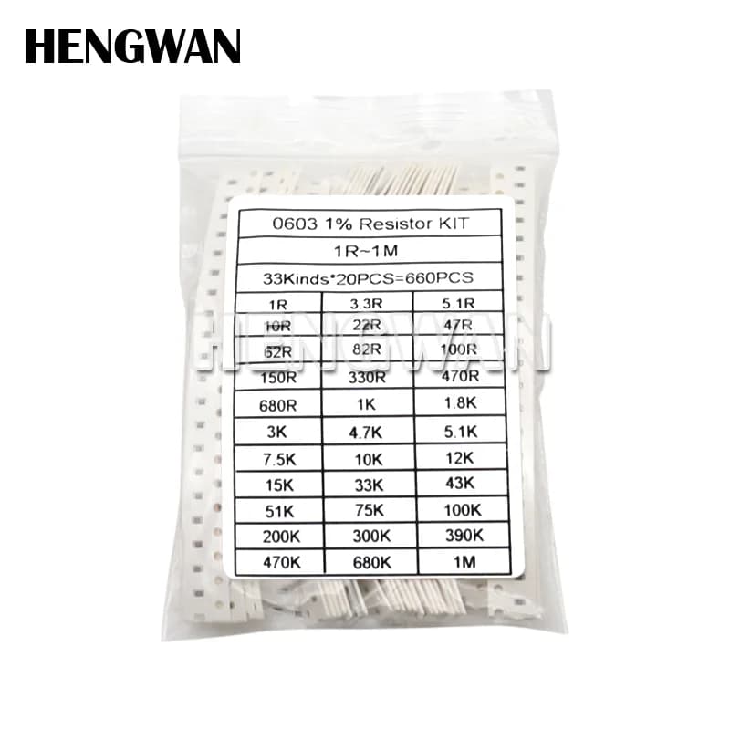 660PCS 0201 0402 0603 0805 1206 1% SMD Resistor Assorted Kit 33Values Each 20pcs 1R-1M 10K 100K 1K 100R Resistance Set