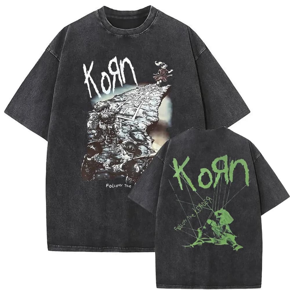 Washed Vintage Rock Band Korn Ftl 25 Follow The Leader T Shirt Men Gothic Casual Oversized Tees Male T-shirt Mens Vintage Tshirt