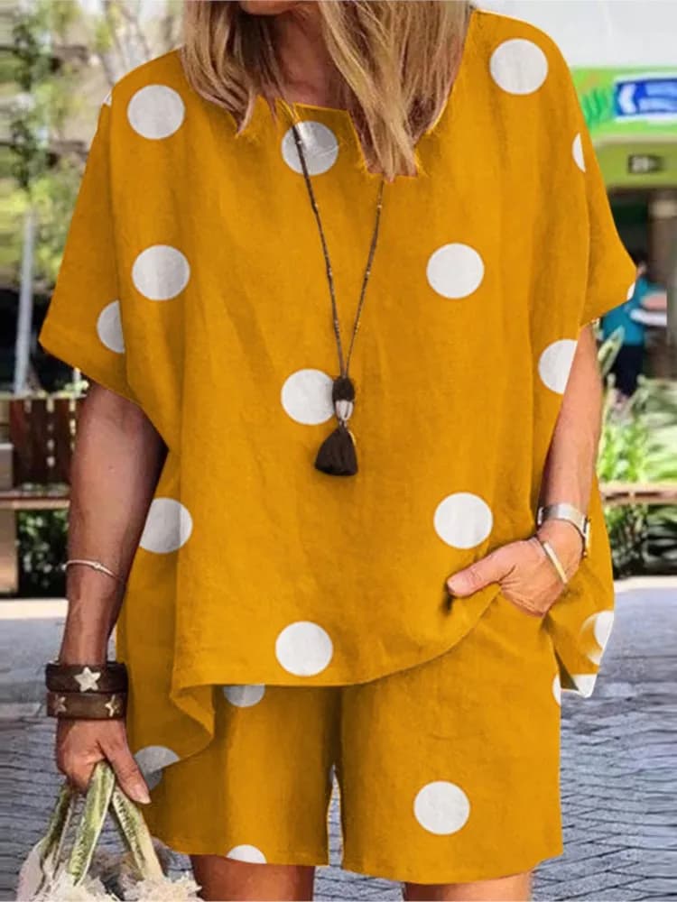 Summer Casual Polka Dot Print 2 Piece Sets 2025 Women's Loose Short Sleeve Shirt Tops + Shorts Two Piece Matching Set Streetwear