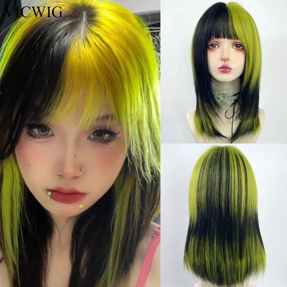 VICWIG Synthetic Short Black Green Mix Women Straight Wigs with Bangs Lolita Cosplay Natural Hair Wig for Daily Party
