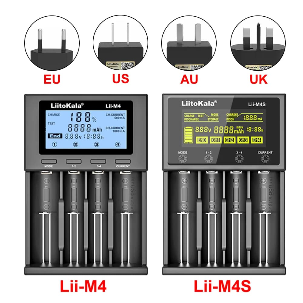 LiitoKala Lii-M4 Lii-M4S 5V EU AU UK US Plug Battery Charger For 3.7V 18650 26650 21700 14500 18350 17500 1.2V AA AAA A C
