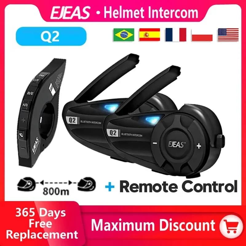 EJEAS Q2 Motorcycle Helmet Intercom Bluetooth 5.1 Headset Quick Pair Waterproof Up to 2 Riders Wireless Interphone Earphone