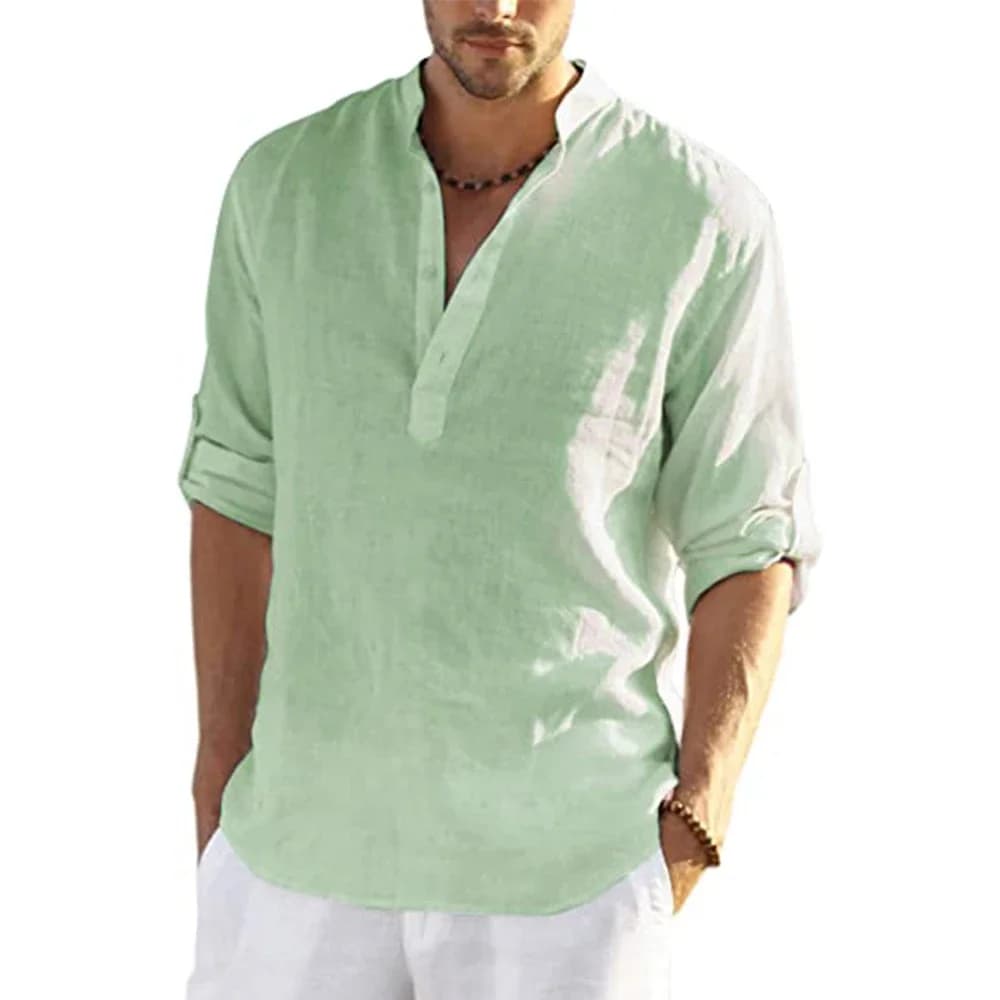 Cotton Linen Hot Sale Men Long-Sleeved Shirts Summer Solid Color Stand-Up Collar Casual Beach Style Plus Size