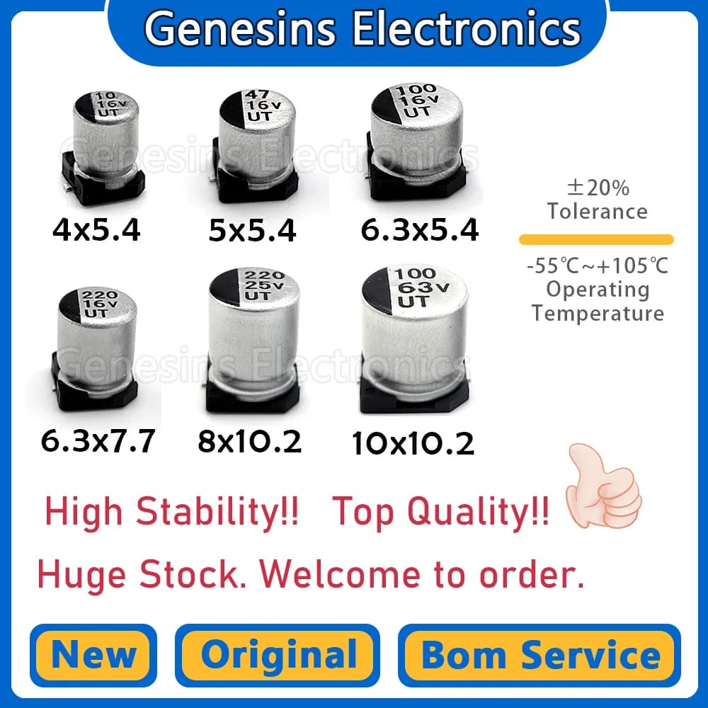 100pcs SMD Aluminum Electrolytic Capacitor 10V 16V 25V 35V 50V  63V 100V 4.7UF 10UF 22UF 47UF 100UF 220UF 470UF 4*5.4 5*5.4