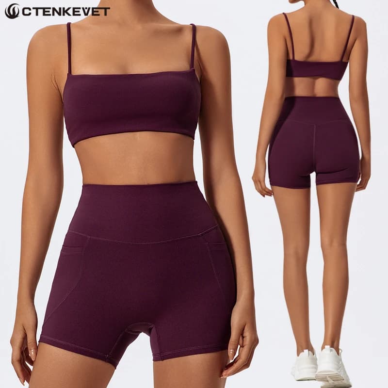 Ctenkevet Women Two Piece Gym Workout Set Female Bra Yoga Sets 2ps Shorts Fitness Wear Women Quick-Dry Camisole Sports Bra Suits