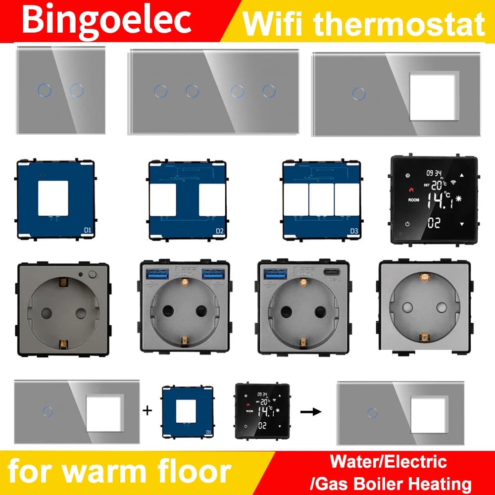 Tuya Smart Wifi Thermostat and WiFi Touch Light Switch/USB Socket Function Part DIY Combination Grey Glass Panel Work with Alexa