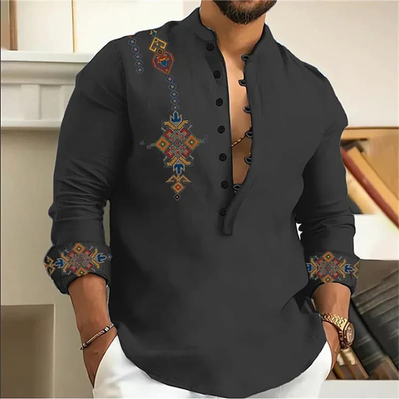 15-color men's shirt tribe pattern printing retro geometry leads outdoor street long-sleeved shirt super large size XS-6XL