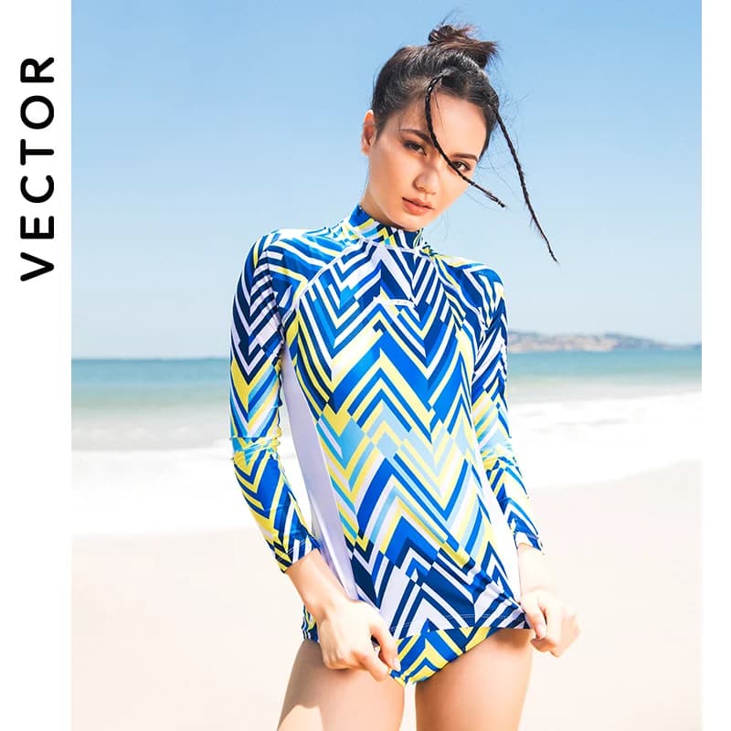 Long Sleeve Women Swimwear Bikini 2022 Printed Plaid Swimsuit Zipper Two Piece Surf Suit Patchwork Swimsuit Turtleneck Wetsuit