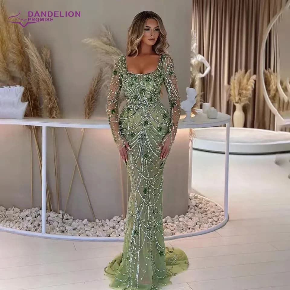 Luxury Green Mermaid Evening Dress 2024 for Women Square collar Crystal Beads Arabic Long Sleeves Formal Prom Wedding Party Gown