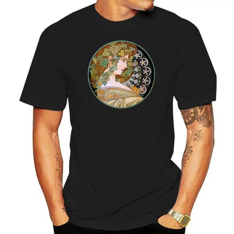 T Shirt Male Hipster Tops Cotton T Shirts Clothing Short Graphic Vintage Green Ivy Goddess Shirt Alphonse Mucha T Shirt