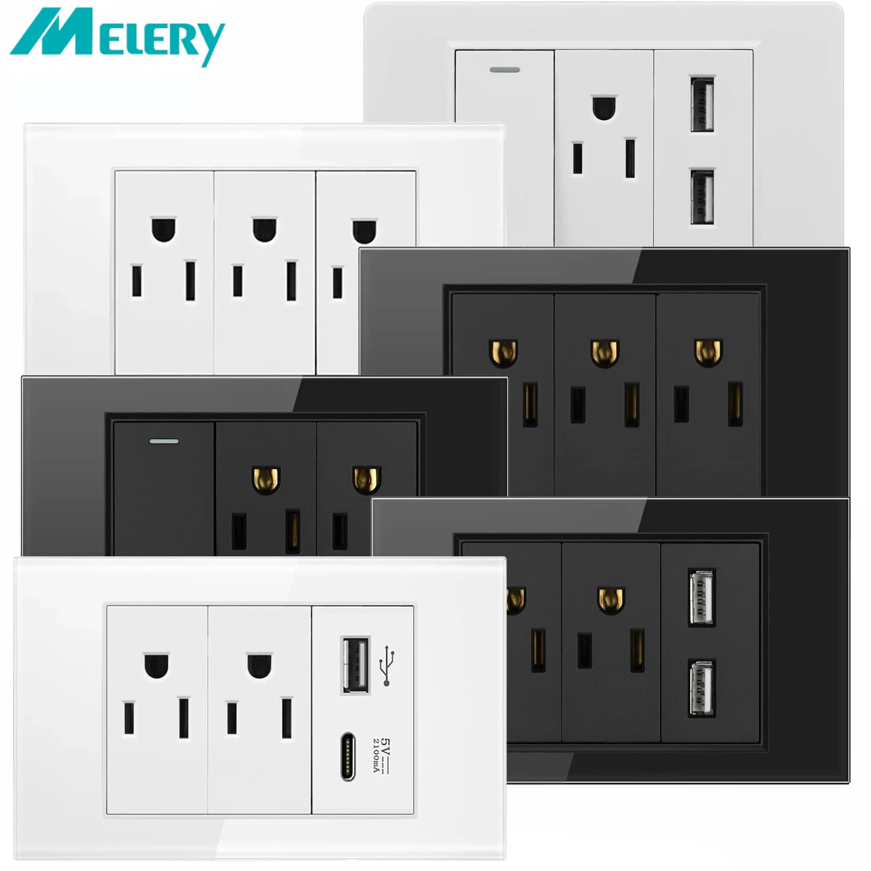 Melery US Power Wall Socket USB Type C Light Switch Double Pole Plastic&Glass Panel Outlet Plate Home Office Electrical Plug