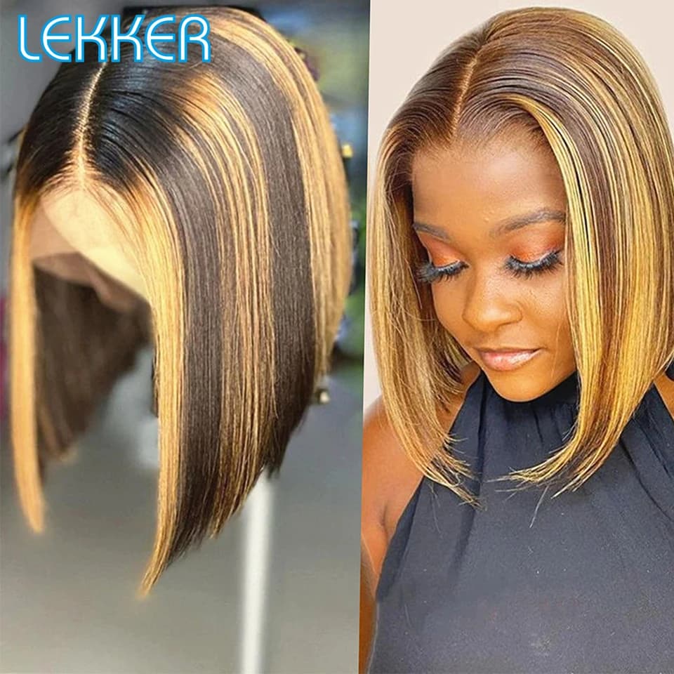 Lekker Highlight Brown Short Straight Bob 13x1 T Part lace Front 100% Human Hair Wigs For Women Brazilian Remy hair Colored Wigs
