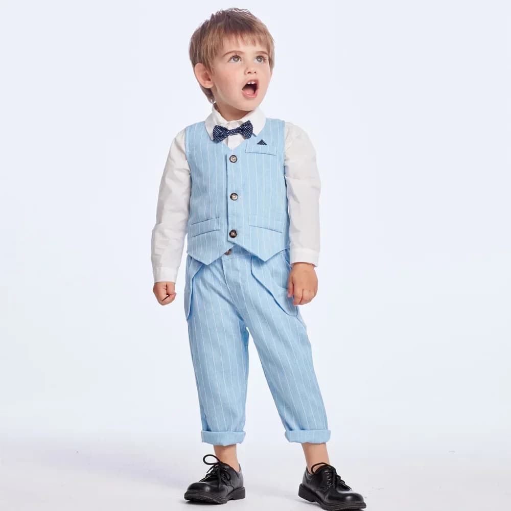Autumn New Children's Light Blue Three Piece Suit Boys' Shirt+Vest+Pants Suit Set with Necktie Boy's Gentleman Baby Boy Clothes