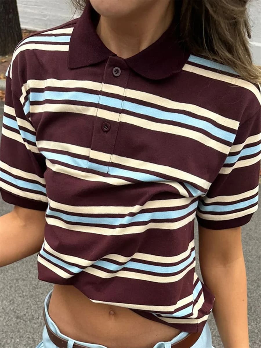 Women Summer Basic T-Shirt Casual Striped Print Lapel Short Sleeve Tops For Streetwear Aesthetic Grunge Clothes Hot Sale S-XL