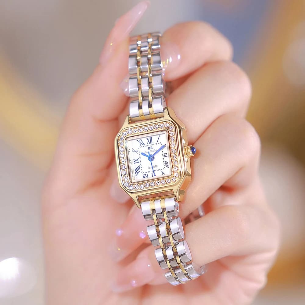 Women Watch Stainless Steel Square Small Clock Luxury High Quality Fashion Rhinestone Wrist Lady Watches For Women